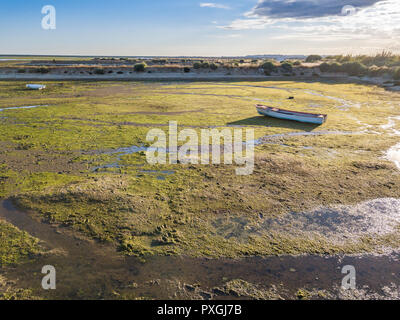 Kleines Fischerboot in Olhao, den Naturpark Ria Formosa bei Ebbe, Portugal Stockfoto