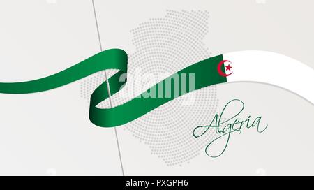 Vector Illustration der abstrakten radial gepunktete Rasterung Karte von Algerien und gewellten Band mit algerischen nationalen Flagge Farben für Ihr Design Stock Vektor