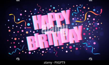 Happy Birthday überlappende festliche Schriftzug mit bunten runde Konfetti über dunkel violetten Hintergrund für ihre Grafik und Web Design Stock Vektor