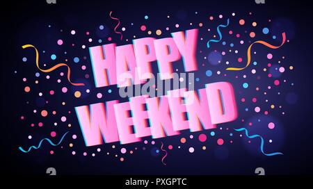 Happy Weekend überlappende festliche Schriftzug mit bunten runde Konfetti über dunkel violetten Hintergrund für ihre Grafik und Web Design Stock Vektor