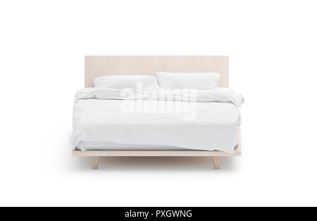 Leere weiße Bett Mockup, Vorderansicht, isoliert, 3D-Rendering. Leere versteckt Bettgestell mit Kissen und Decke mock up. Klar Bettwäsche Vorlage. Für schlafen mit Matratze, Pilow und Bettdecke. Stockfoto