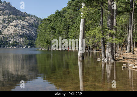 Im Wasser, in den Bergen in der Umgebung des Lac de L'Ospédale wider. Spiegelt sich im Wasser der Berge. Odbite w wodzie Góry okalające Jezioro. Stockfoto