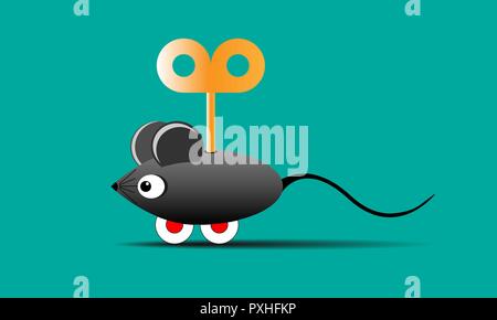 Spielzeug Maus auf Rädern mit einem Schlüssel auf einem grünen Hintergrund Stock Vektor