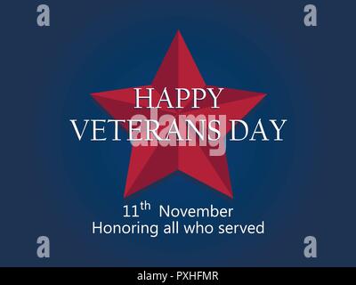 Happy Veterans Day 11. November. Ehrt alle, die dienten. Roten fünfstrahligen Stern auf blauem Hintergrund. Vector Illustration Stock Vektor