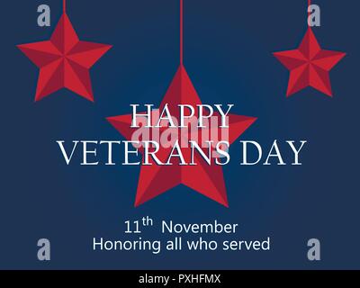 Happy Veterans Day 11. November. Ehrt alle, die dienten. Roten fünfstrahligen Stern auf blauem Hintergrund. Vector Illustration Stock Vektor