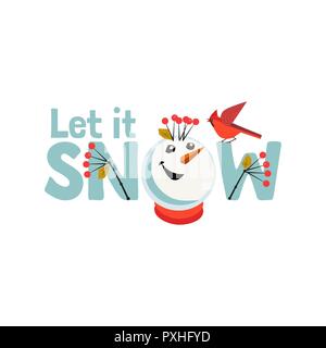 Urlaub wünschen lassen Sie es schneien. Fancy Buchstaben. Cartoon Spaß snowman Snow Ball. Vorlage für Frohe Weihnachten Winter Grußkarte Hintergrund, Stock Vektor