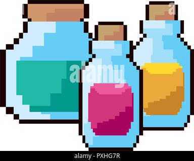 Potion Flaschen pixel video spiel Vector Illustration Stock Vektor