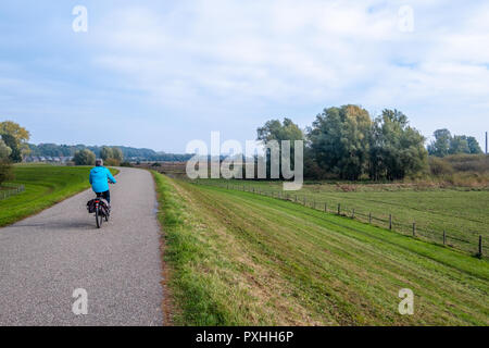 Frau auf dem Fahrrad auf dem Deich entlang der Überschwemmungsgebiete entlang dem Fluß Nederrijn in Wageningen, Niederlande. Stockfoto