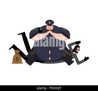 Fat Cop und Räuber Haft. Dicke Polizist und Einbrecher verhaften. Beleibte Offizier Polizei und Straßenräuber und Geld beutel. Vector Illustration Stock Vektor
