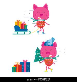 Frohe Weihnachten Grußkarten mit niedlichen Tiere: Schwein mit Schlitten und Baum. Flat Style von Icons für präsentiert, Einladung, Kinder zimmer einrichtung, Interio Stock Vektor