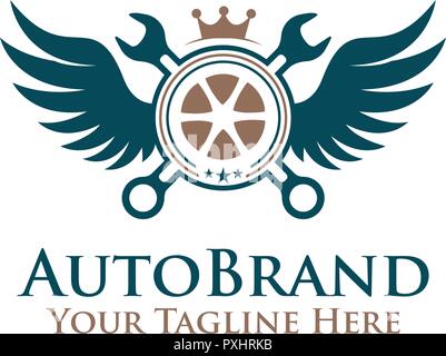 Vector Illustration emblem Rad, Schraubenschlüssel mit Flügel Logo. auto Service logo Stock Vektor