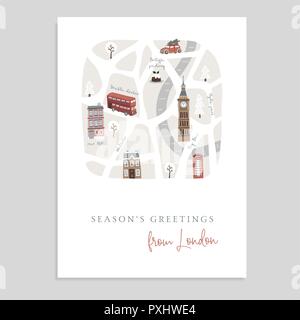 Süße Weihnachten Grußkarte, Einladung mit Karte von London. Hand gezeichnet britischen Straßen, Doppeldecker, Häuser, Autos und Big Ben Tower. Englisch winter Design. Vector Illustration Hintergrund. Stock Vektor