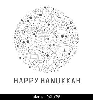 Chanukka Ferienwohnung design Schwarz dünne Linie Symbole in runder Form mit Text in Englisch 'Happy Hanukkah' gesetzt. Stock Vektor