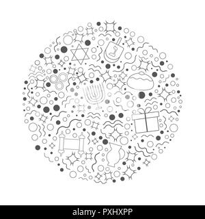 Chanukka Ferienwohnung design Schwarz dünne Linie Symbole in runder Form. Stock Vektor