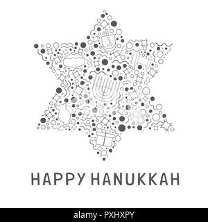 Chanukka Ferienwohnung design Schwarz dünne Linie Symbole in David stern Form mit Text in Englisch 'Happy Hanukkah' gesetzt. Stock Vektor