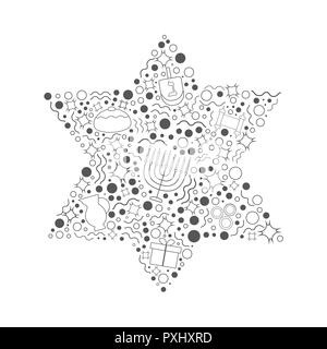 Chanukka Ferienwohnung design Schwarz dünne Linie Symbole in David stern Form gesetzt Stock Vektor