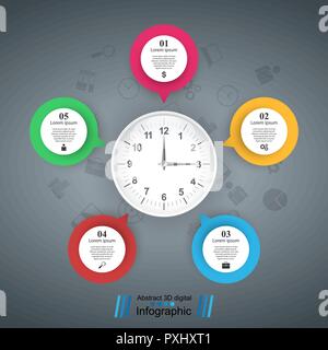 Fünf Luftblasen Papier. Symbol Uhr. Stock Vektor