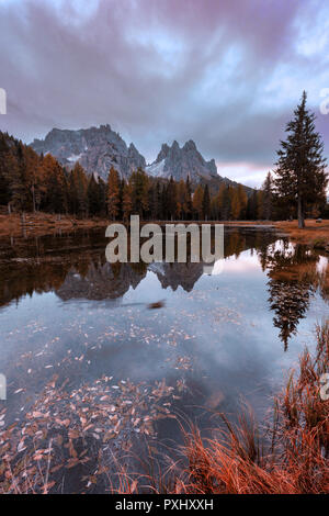 Schönen Spätherbst mit roten Farben am Morgen mit Berg Reflexion. Antorno See, Italien, Europa. Stockfoto