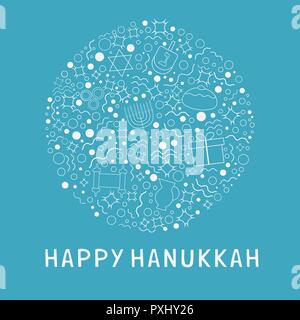 Chanukka Ferienwohnung Design weiß dünne Linie Symbole in runder Form mit Text in Englisch 'Happy Hanukkah' gesetzt. Stock Vektor