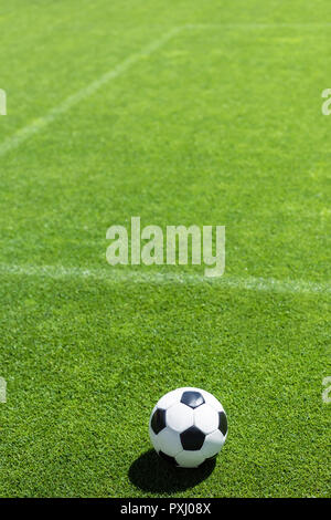 Hohe Betrachtungswinkel von Fußball auf grünem Gras liegend Stockfoto