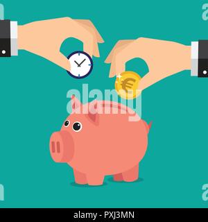 Sparen Sie Zeit und Geld mit einem Sparschwein. Abbildung in Vektoren. Stock Vektor