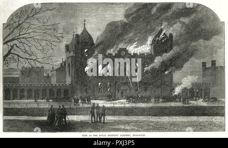 Königliche Militärakademie in Woolwich, Feuer 1873 Stockfoto