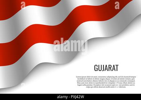 Wehende Flagge des Bundesstaates Gujarat ist eine Region in Indien auf weißem Hintergrund. Vorlage für Banner oder Poster. Stock Vektor