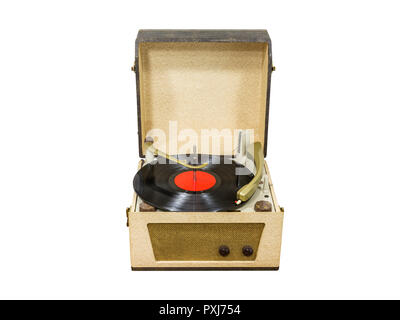 Vintage Plattenspieler mit rote Record album isoliert auf Weiss. Stockfoto