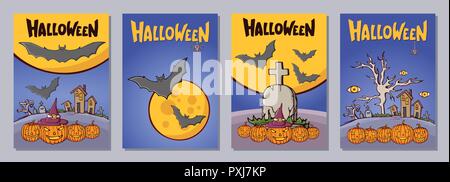 Halloween handgezeichnete Einladung oder Grußkarten mit lattering. Farbe cartoon Formen auf Halloween. Gräber, Kreuze, Kürbisse, Fledermäuse, Häuser, Stock Vektor