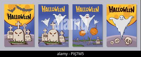 Halloween handgezeichnete Einladung oder Grußkarten mit lattering. Farbe cartoon Formen. Gräber, Kreuze, Kürbisse, Fledermäuse, Totenköpfe, Gespenster, Bäume, moo Stock Vektor