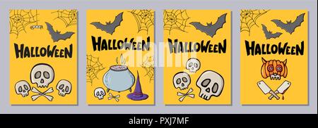 Halloween handgezeichnete Einladung oder Grußkarten mit lattering. Farbe cartoon Formen. Schädel, Fledermäuse, Web, Spinnen, Hut, Knochen, Kessel, Cleaver. Stock Vektor