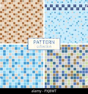 Satz 4 Vektor nahtlose Muster. Blau, Beige, Braun keramische Fliese Mosaik. Design für Abdeckung; Textil; Pool; Küche; Bad. Stock Vektor