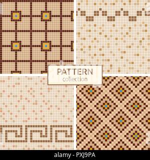 Satz 4 Vektor nahtlose Muster. Beige, Braun keramische Fliese Mosaik. Design für Abdeckung; Textil; Pool; Küche; Bad. Antiken griechischen Grenze. Stock Vektor