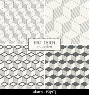 Satz von vier nahtlose Muster. Abstrakte geometrische trendy Vektor Hintergründe. Lineare Stil. Modernes, stilvolles Texturen mit isometrischen Würfel. Stock Vektor