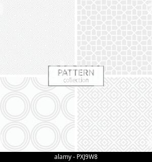 Satz von vier abstrakte geometrische nahtlose Muster. Modernes, stilvolles Hintergründe. Weiße und graue geometrischen Texturen von glatten Linien, Kreuze, Kreise. Stock Vektor