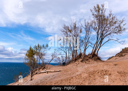 Zwei Personen gehen unter Bäumen auf der Spitze einer Sanddüne an der Sleeping Bear Dunes National Lakeshore, Empire, Michigan, USA. Stockfoto