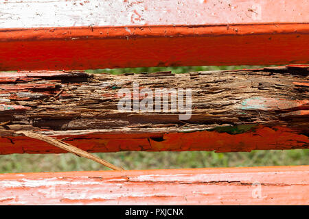 Die alte Bank mit einem morschen Teil der Platine ist rot lackiert Stockfoto