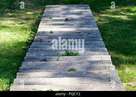 Alte kaputte Holztreppe Teil der Schritte, die VERROTTETE, close-up auf dem Hügel, wo die Treppe gebaut wurde Stockfoto