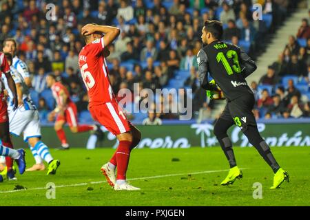 San Sebastian, Spanien. 22 Okt, 2018. Juanpe Ramirez von Girona reagiert während der spanischen Liga Fußballspiel zwischen Real Sociedad und Girona an der Anoeta Stadium am 22. Oktober 2018 in San Sebastian, Spanien Quelle: CORDON PRESSE/Alamy leben Nachrichten Stockfoto