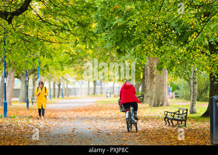 Aberystwyth Wales UK, Dienstag, 23. Okt 2018. UK Wetter: Menschen wandern und radfahren, Plascrug Park in Aberystwyth, wie die Bäume biegen Sie unzählige Farben gelb und orange auf einem feinen Oktober Herbst morgen Foto Keith Morris/Alamy leben Nachrichten Stockfoto