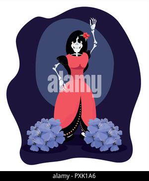 Tag der Toten frame Skelett mit Kleid blumen Vector Illustration Stock Vektor