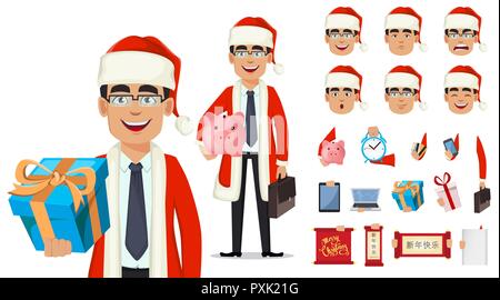 Business mann Zeichentrickfigur in Santa Claus Kostüm. Pack von Teilen des Körpers, der Gefühle und Dinge. Ihr persönliches Design. Vector Illustration. Stock Vektor