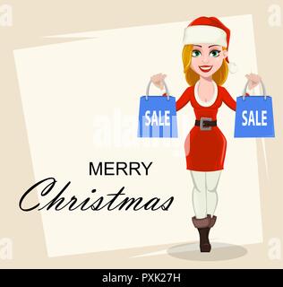 Frohe Weihnachten Grußkarten mit schönen Frau in Santa Claus Kostüm. Zeichentrickfigur holding Säcke aus Papier. Geeignet für Banner, Poster, Flyer, etc. Stock Vektor