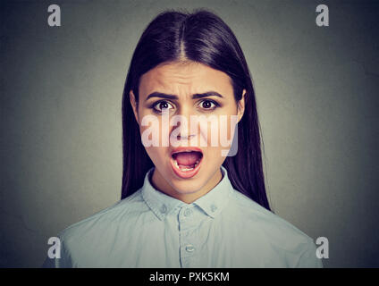 Wütend brünette Frau an der Kamera kreischen auf grauem Hintergrund Stockfoto