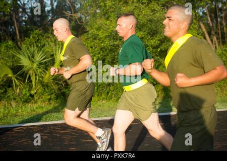 Us Marine Corps Staff Sgt. Michael bedeutet jr., ein drill instructor mit Verarbeitung Unternehmen rekrutieren, Unterstützung Bataillon, motiviert die Rekruten von India Company, 3 Recruit Training Bataillon, während einer anfänglichen Stärke testen, indem Sie mit Ihnen am 3. Juni 2017, auf Parris Island, S.C. bedeutet, 29, ist von Clovis, Kalifornien Indien Unternehmen ist zu graduieren, Nov. 25, 2017 geplant. Rund 19.000 Rekruten kommen auf Parris Island jährlich für die Chance, United States Marines werden durch dauerhafte 12 Wochen der Strenge, transformative Training. Parris Island ist die Heimat von Entry-level-Soldaten Training für approxim Stockfoto