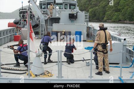 PORT OF SPAIN, Trinidad - Maritime taktische Gruppe Bediener (MTOG) Mitglieder beachten die Trinidad und Tobago Küstenwache (TTCG) Mitglieder während Sie leiten Boarding party Bohrer beim Boarding Training am TTCG Basis in Chaguaramas, Trinidad als Teil der Übung TRADEWINDS 17 Am 8. Juni 2017. (Canadian Forces Combat Kamera Stockfoto