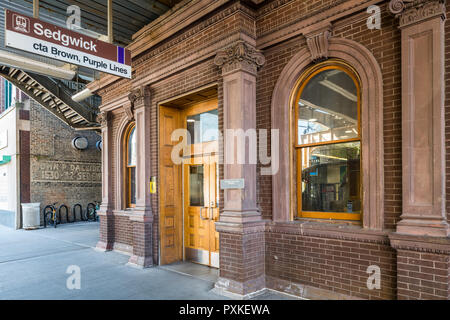 Sedgwick CTA Braun und Lila Linie Station in der Altstadt Nachbarschaft Stockfoto