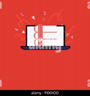 Flaches Design business Vector Illustration Konzeption Text für esp Web Banner Werbemittel mock up Vorlage. Bücher stapeln auf leeren Computer M Stock Vektor