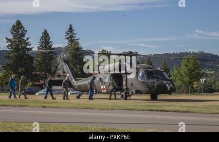 Us-Soldaten und Mitglieder des militärischen Angelegenheiten vorbereiten ein HH-60 M MEDEVAC Black Hawk Board während der Goldenen Coyote Übung in Rapid City, S.D., 15. Juni 2017. Die goldenen Coyote Übung ist eine dreiphasige, Szenario-driven Übung in den Black Hills von South Dakota und Wyoming, mit dem Kommandanten auf der Mission wesentliche Anforderungen der Aufgabe, Krieger Aufgaben und Übungen zu konzentrieren. Stockfoto