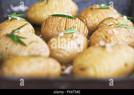 Hausgemachte cheesy Hasselback Kartoffeln. Vegetarische Kost Stockfoto